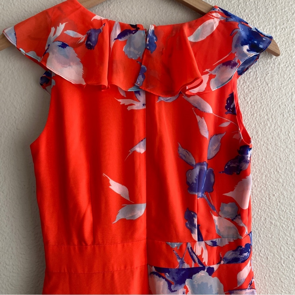 Eliza J floral Ruffle Midi Dress v neck Orange Red - Picture 7 of 8